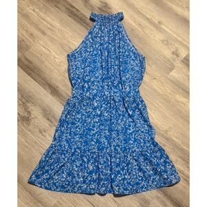 Blue Floral‎ Halter Dress Sleeveless Ruffle Hem Summer Casual Sundress S/M